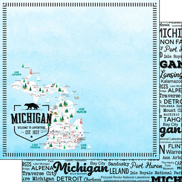 Scrapbook Customs 12x12 Scrapbook Paper Michigan Postage Map Paper (39443)