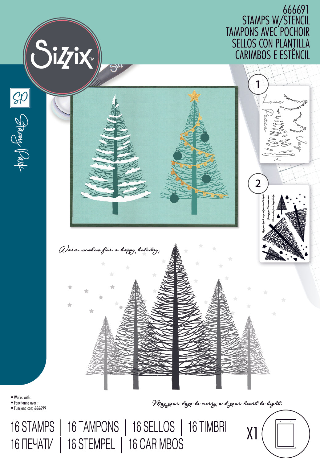 Sizzix A5 Clear Stamps Set W/Stencil Cosmopolitan Christmas Merry And Light By SP