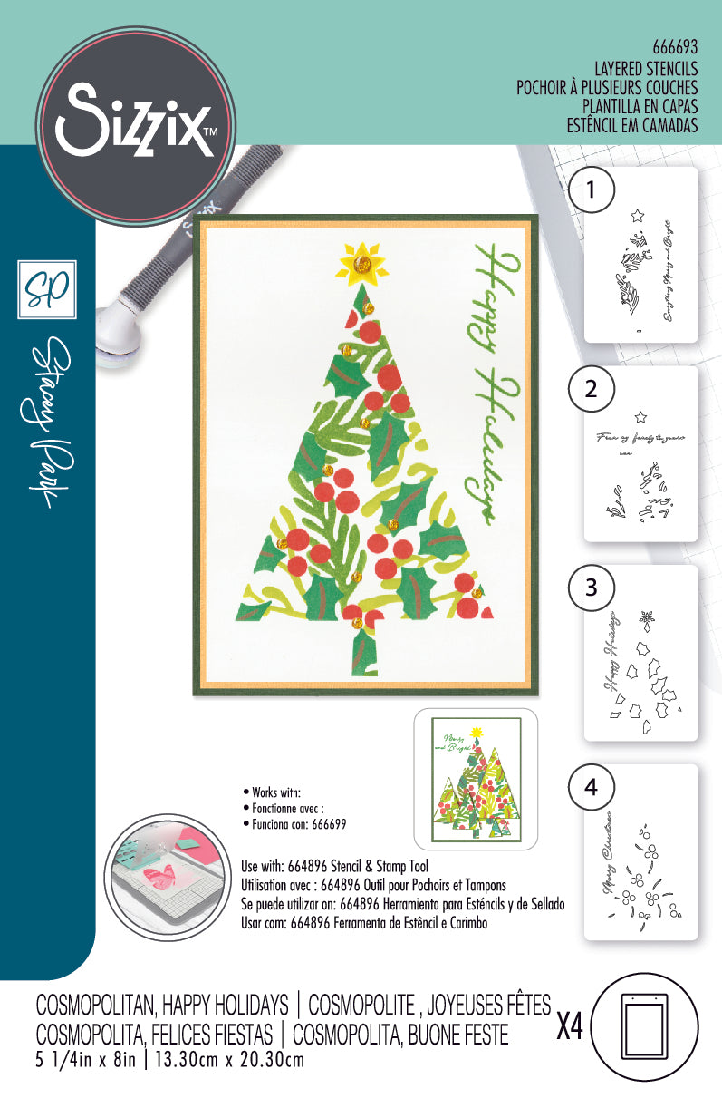 Sizzix A6 Layered Stencils 4PK Cosmopolitan Christmas Happy Holidays By Stacey Parke