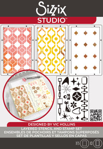 Sizzix 15 Clear Stamps Set W/3 stencils  Retro by Vic  Hollins (666759)