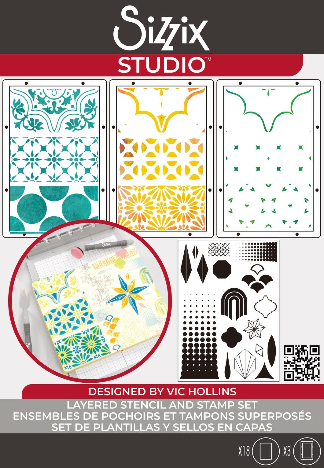 Sizzix 18 Clear Stamps Set W/3 stencils  Geometric by Vic Hollins (666760)