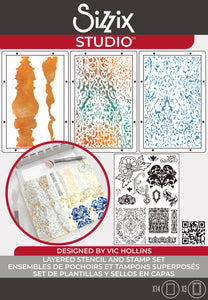 Sizzix 14 Clear Stamps Set W/3 stencils  Ornate by Vic Von S (666763)